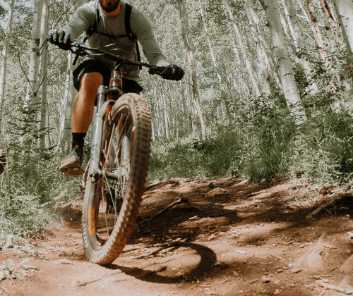 Man mountain biking through trees